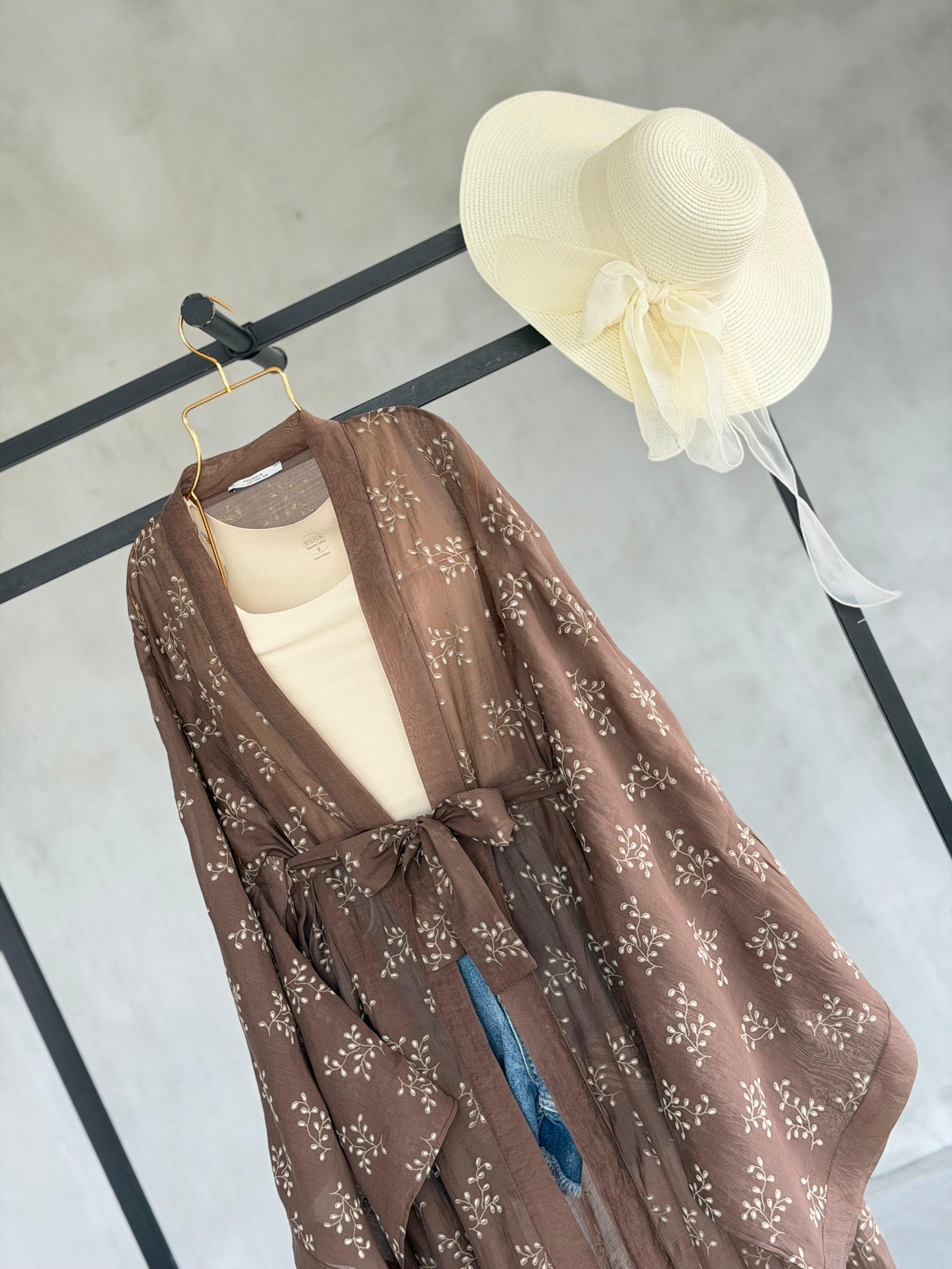 Bohem Nakış Desenli Kuşaklı Kimono (Kahve)
