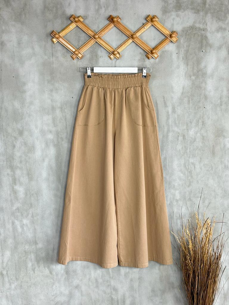 Bol Paça Gabardin Kumaş Kadın Pantolon (Camel)