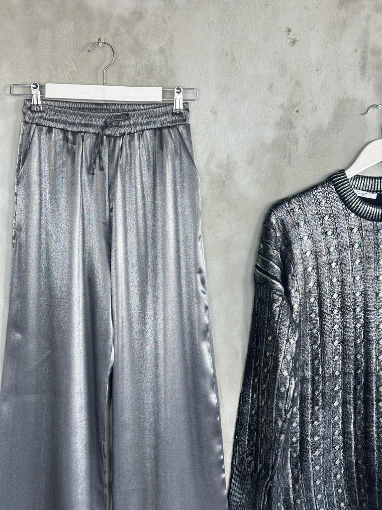 Bol Paça Lurex Kumaş Pantolon (Antrasit)