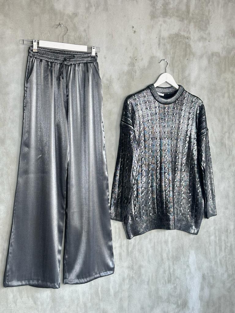 Bol Paça Lurex Kumaş Pantolon (Antrasit)