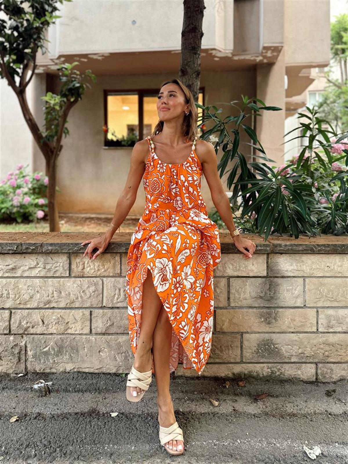 Boncuk İp Askılı Çiçekli Elbise (Oranj)