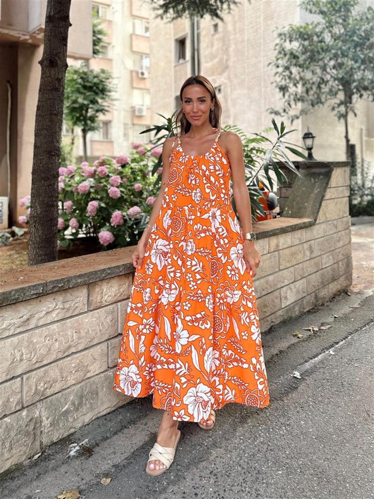 Boncuk İp Askılı Çiçekli Elbise (Oranj)