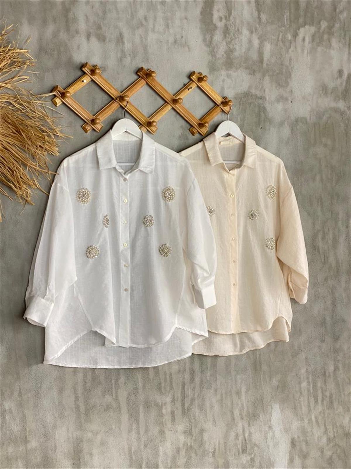 Boncuk Ve Taş İşçilikli Oversize Gömlek (Beyaz)