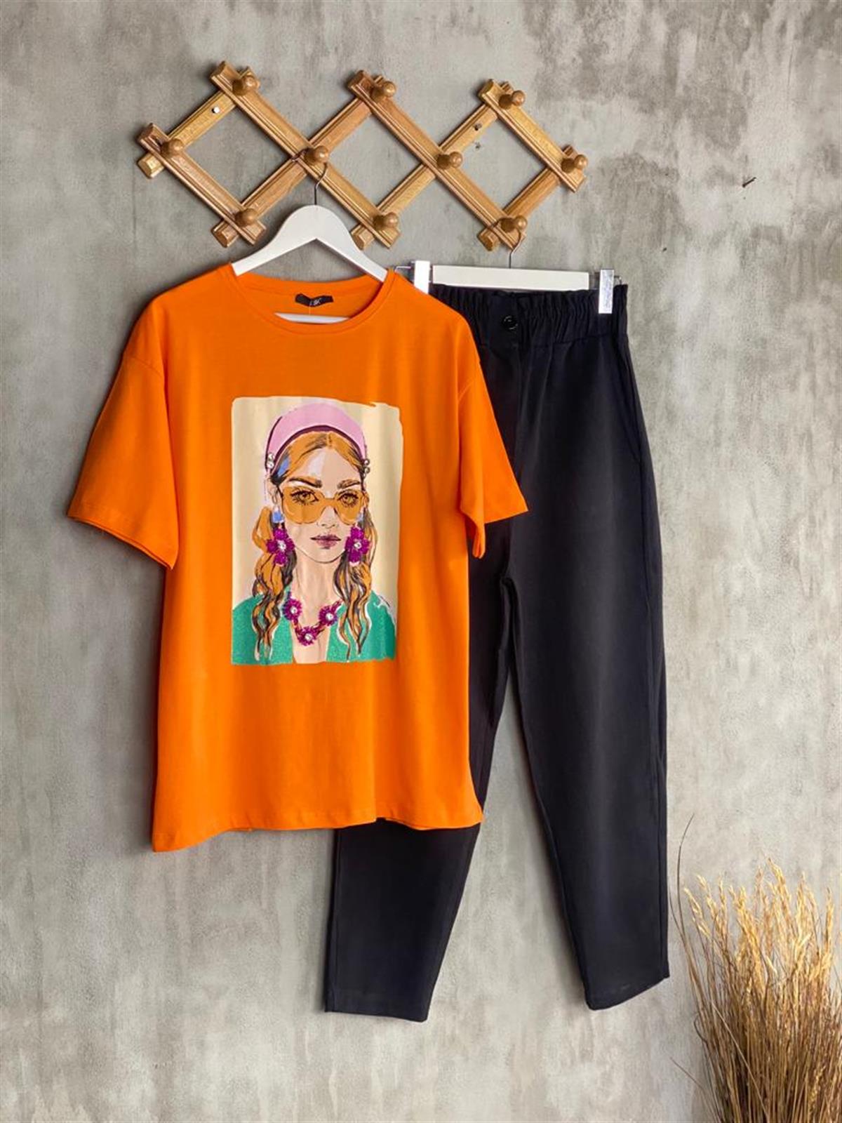 Boncuk Ve Taş İşlemeli Gözlüklü Kız Tişört (Oranj/Beyaz)