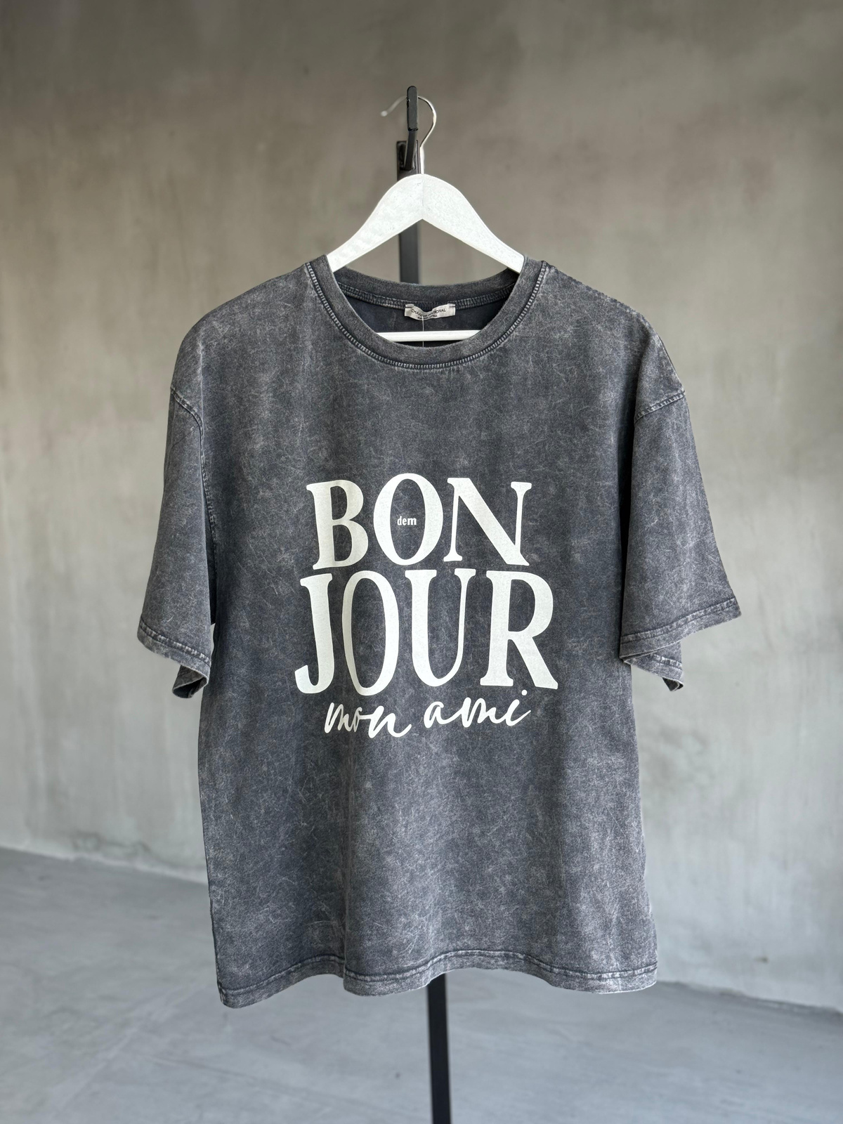 Bonjour Yazı Baskılı Taş Yıkamalı Oversize Dokuma Tişört (Antrasit)
