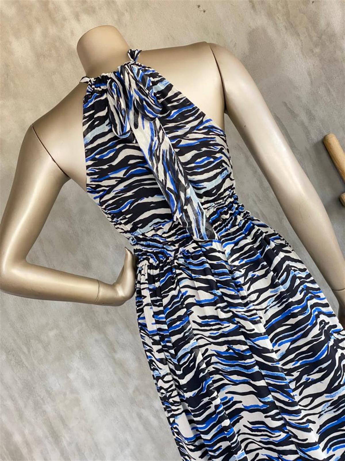 Boyundan Bağlamalı Zebra Desenli Elbise (Siyah)