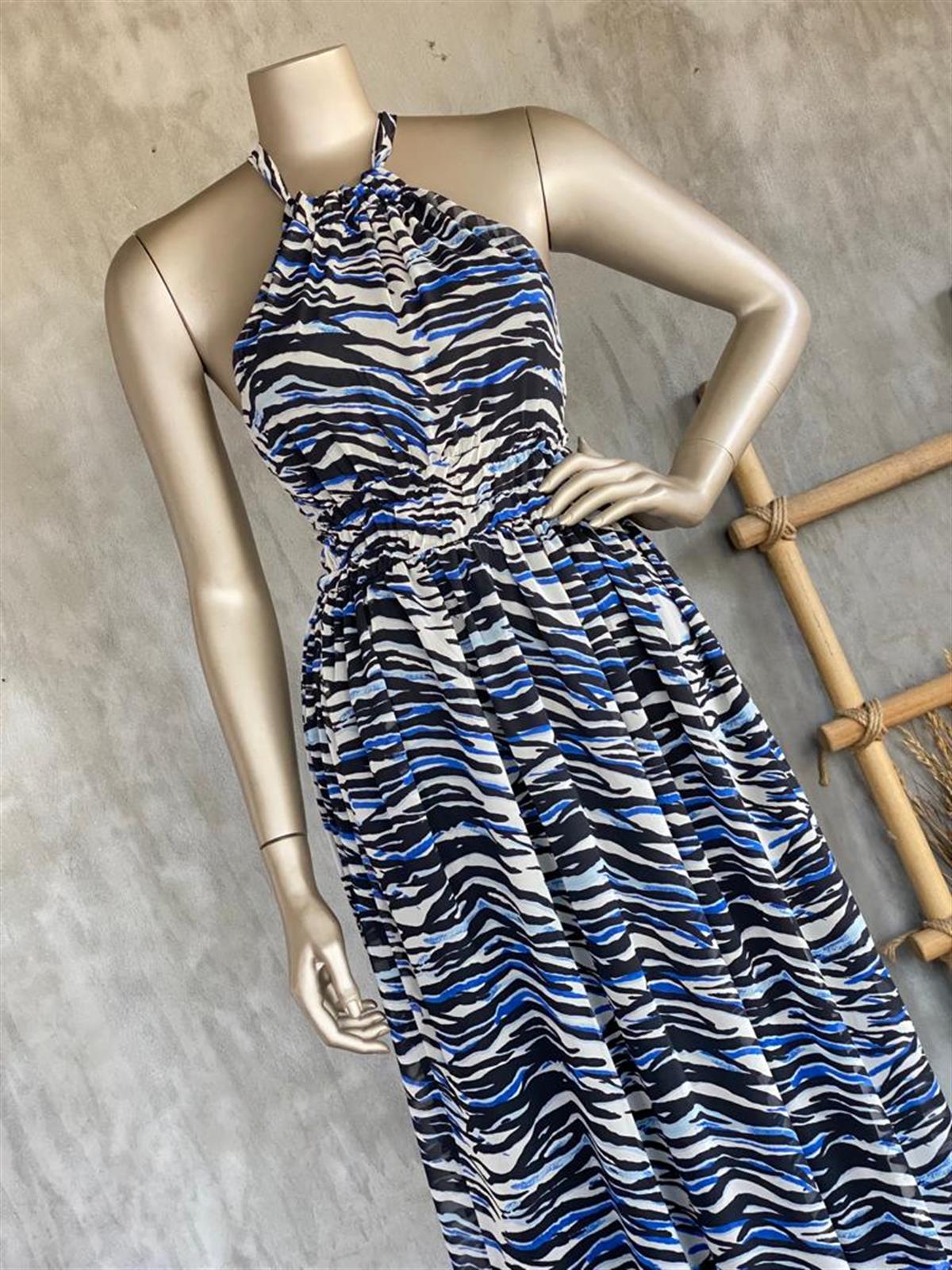 Boyundan Bağlamalı Zebra Desenli Elbise (Siyah)