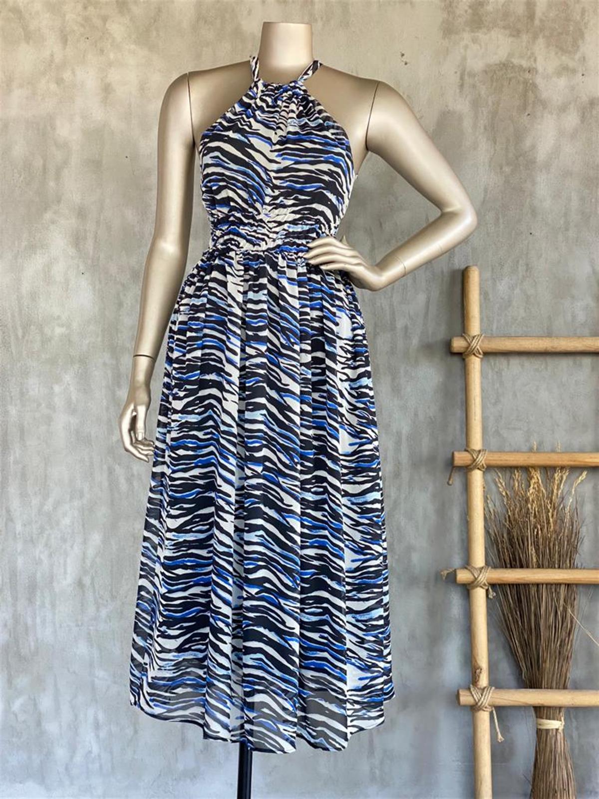 Boyundan Bağlamalı Zebra Desenli Elbise (Siyah)