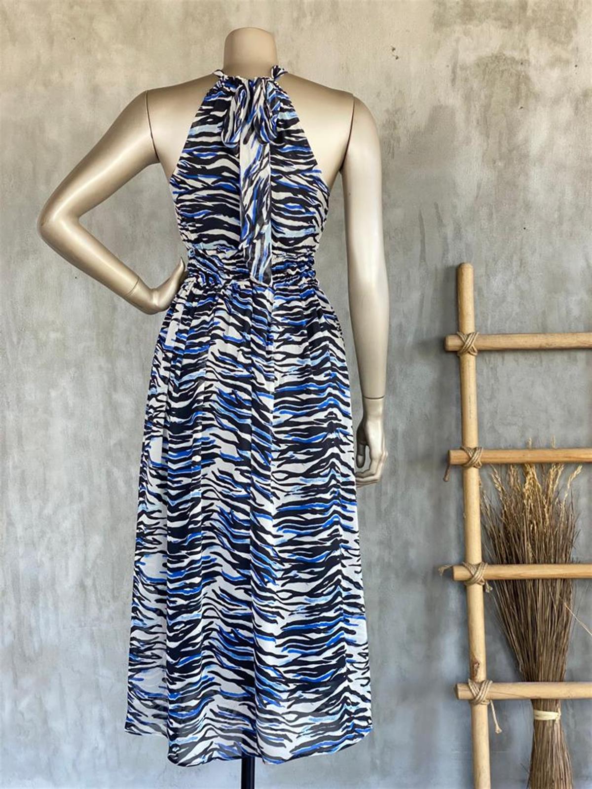 Boyundan Bağlamalı Zebra Desenli Elbise (Siyah)