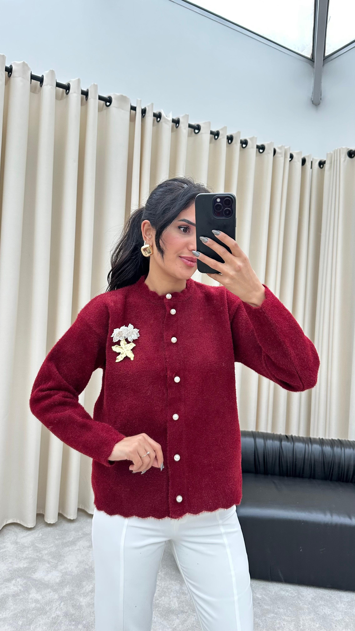 Broş Detaylı İnci Düğmeli Angora Hırka (Bordo)