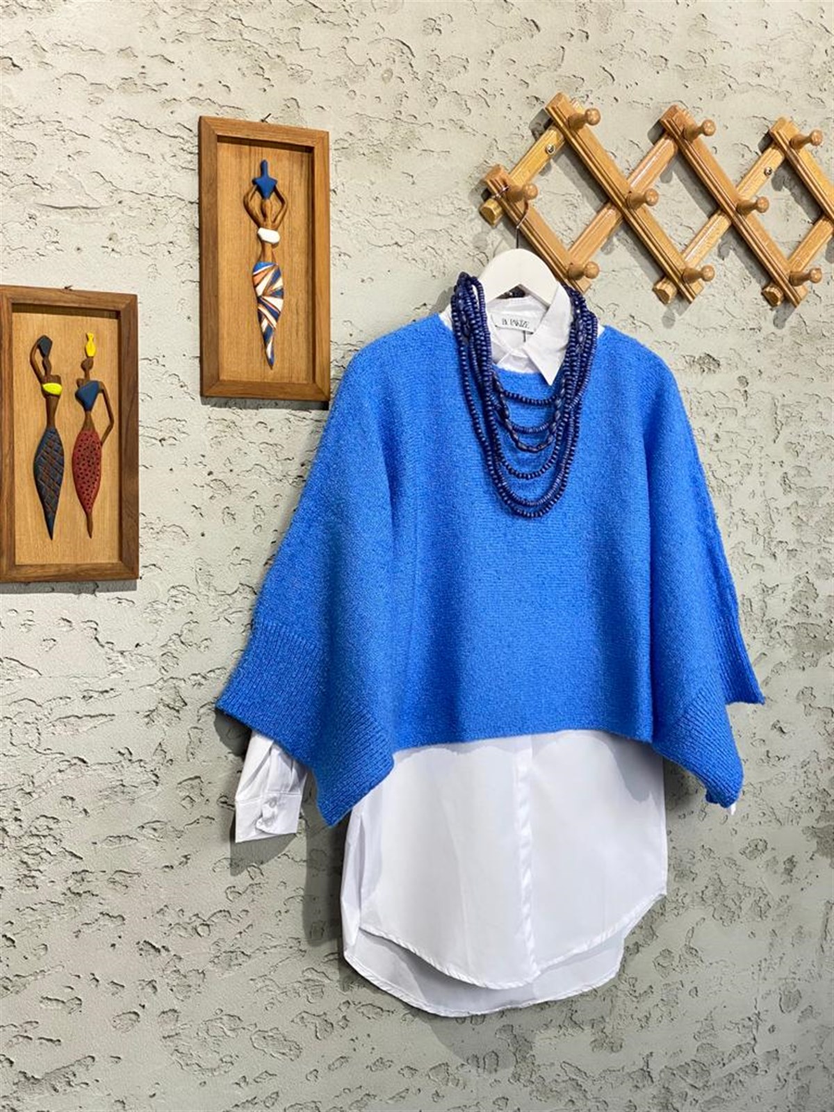 Buklet Örgü Panço Kazak (Mavi)
