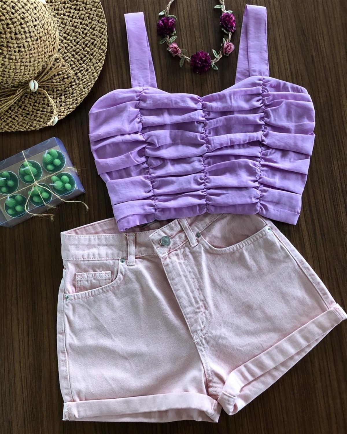 Büzgülü Sırtı Lastikli Crep Kumaş Crop Bluz (LİLA)