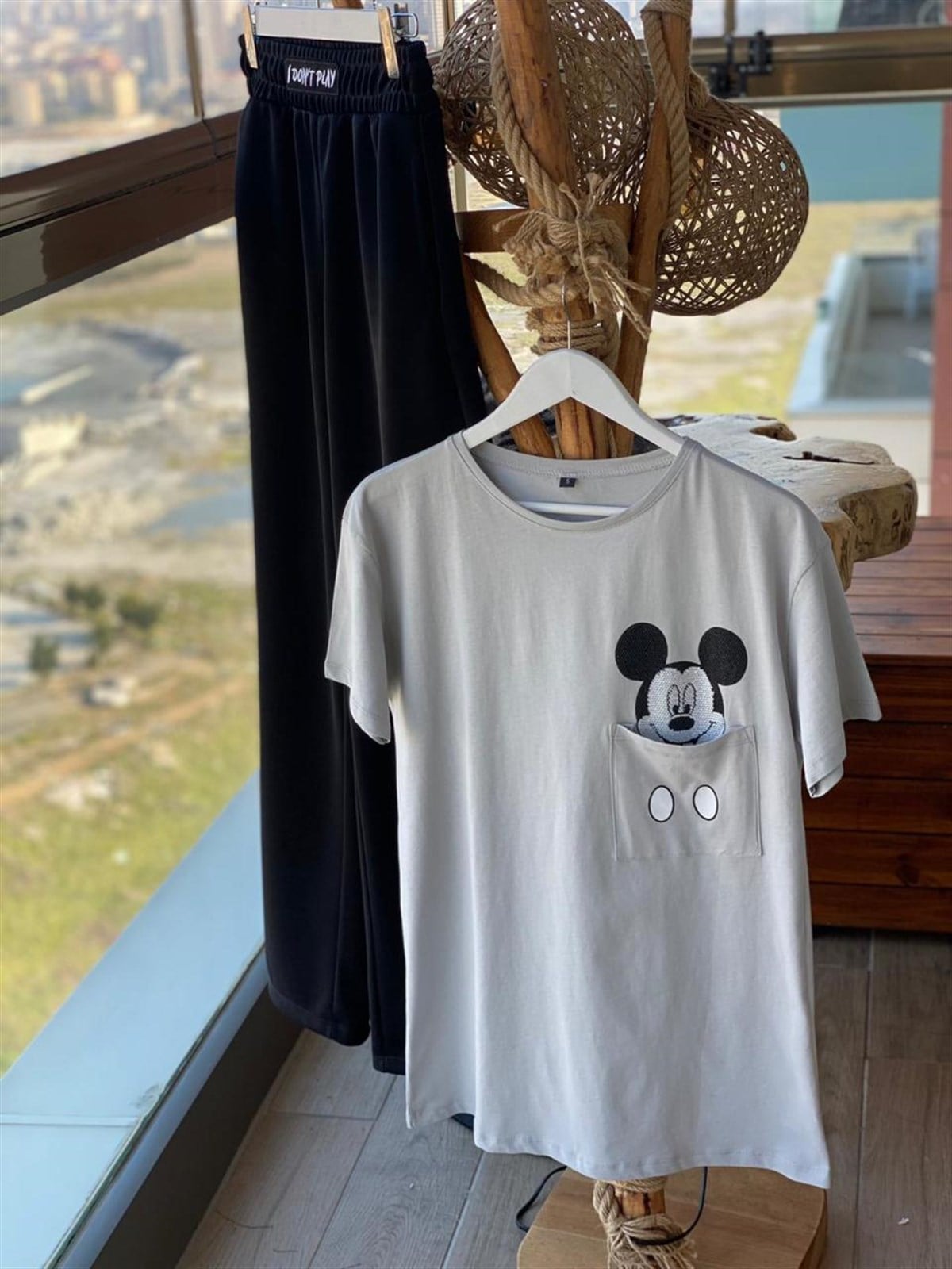 Cebi Mickey Mouse Taş Detaylı Tunik Tshirt (GRİ)
