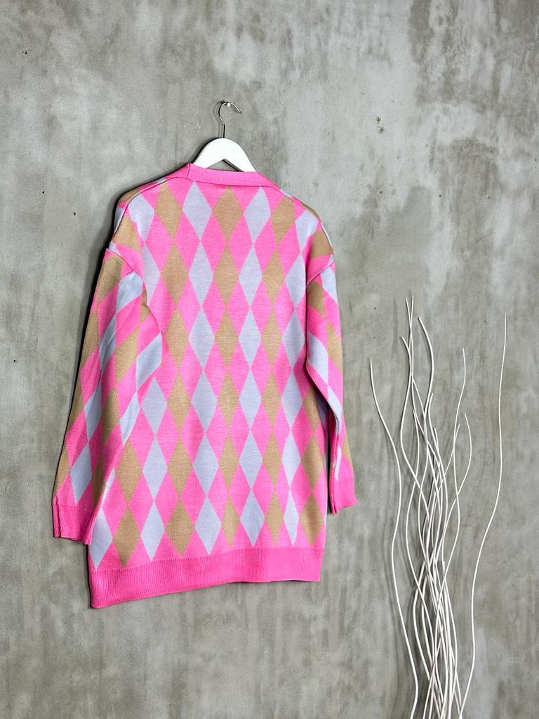 Çelik Örgü Baklava Desen Kadın Hırka (Pembe)