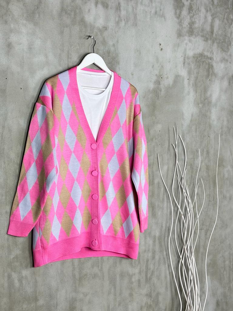 Çelik Örgü Baklava Desen Kadın Hırka (Pembe)
