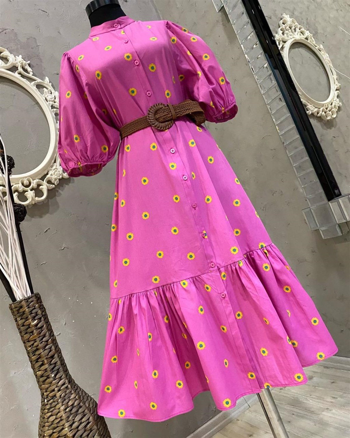 Çiçek Baskılı Coton Kumaş Balon Kol Midi Elbise (PEMBE)