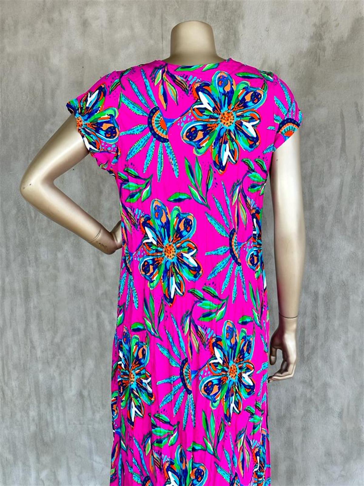 Çiçek Desenli İthal Tasarım Elbise (Fuşya)