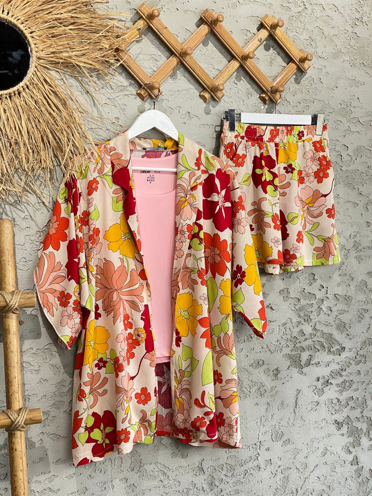 Çiçek Desenli Kimono Şort Takım 