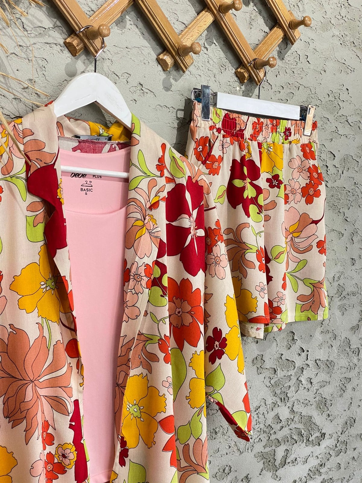 Çiçek Desenli Kimono Şort Takım 
