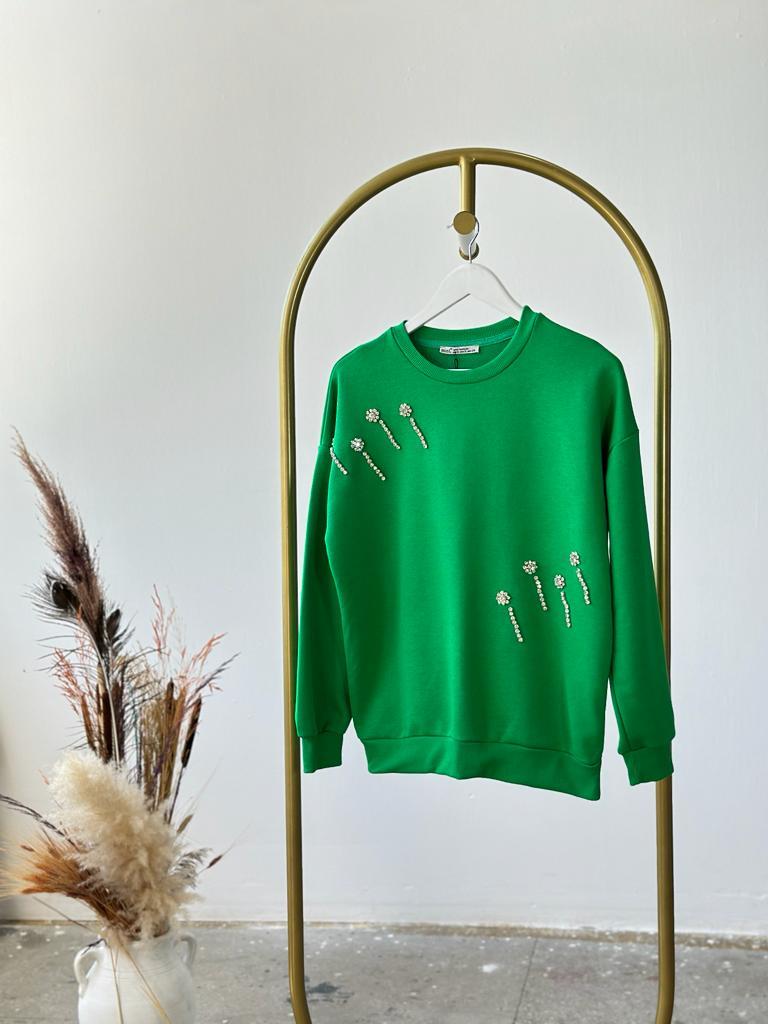 Çiçek Desenli Kristal Taş İşçilikli Sweat (Yeşil)