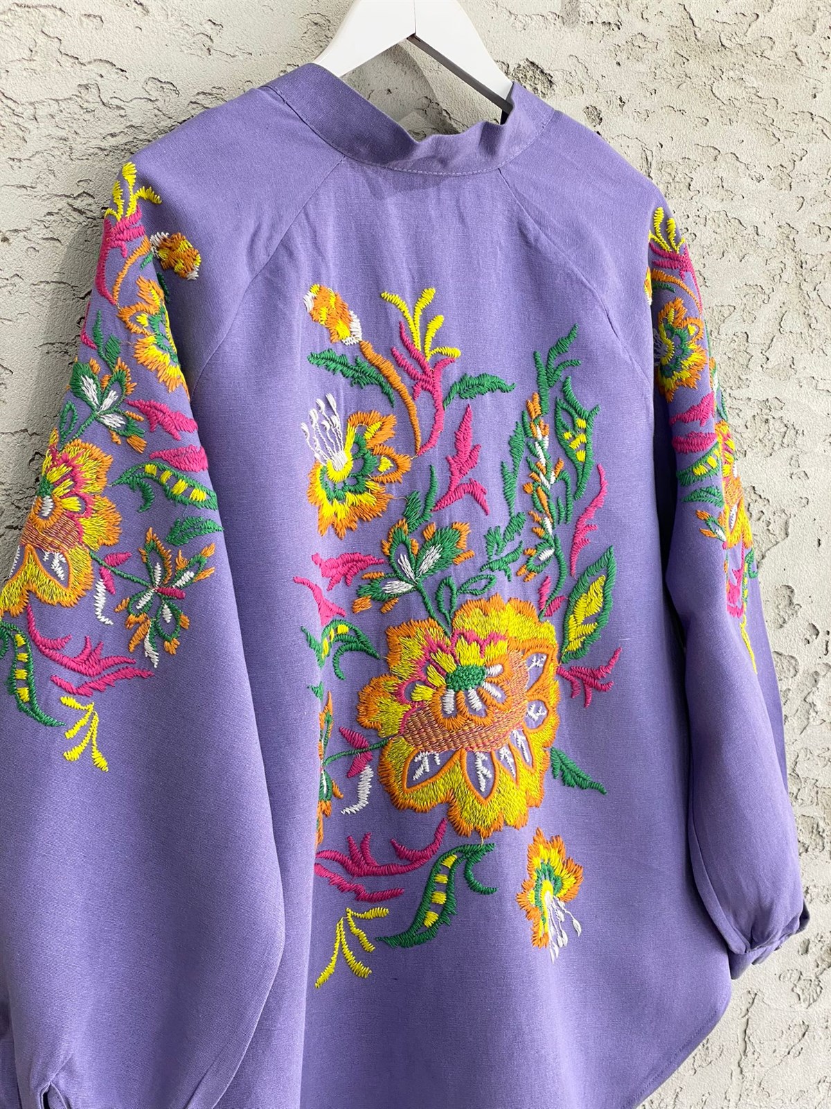 Çiçek İşlemeli Keten Kimono (Mor)