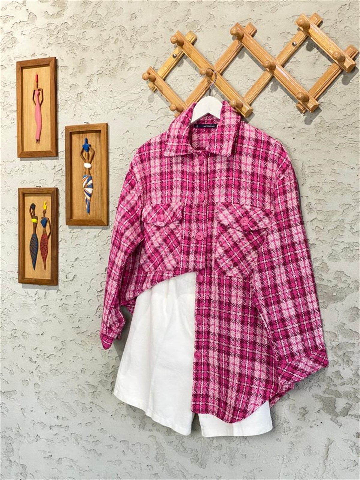 Çift Cepli Ekose Mevsimlik Pembe Renk Örme Dokuma Gömlek