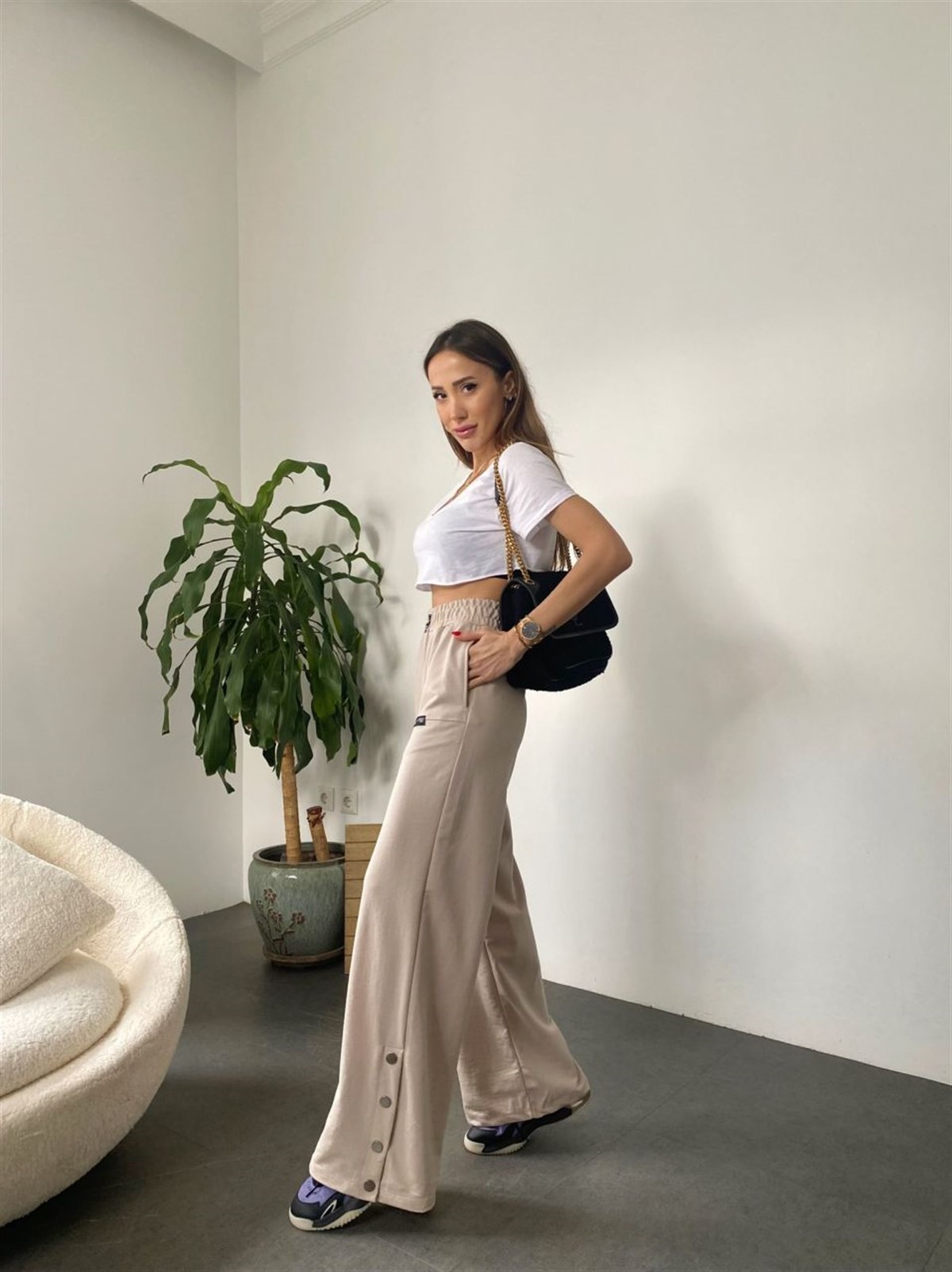 Çıtçıt Detaylı Bol Paça Pantolon (Bej)