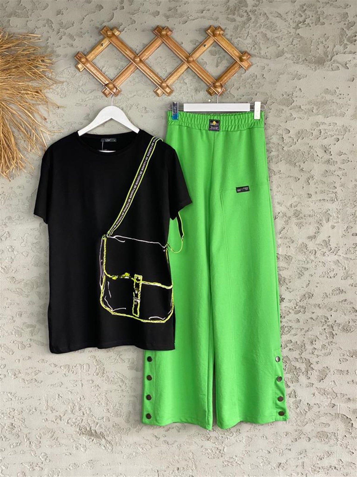 Çıtçıt Detaylı Bol Paça Pantolon (Yeşil)