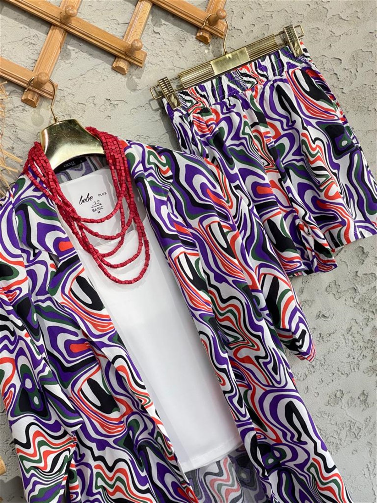 Çizgi Desenli Kimono Şort Takım