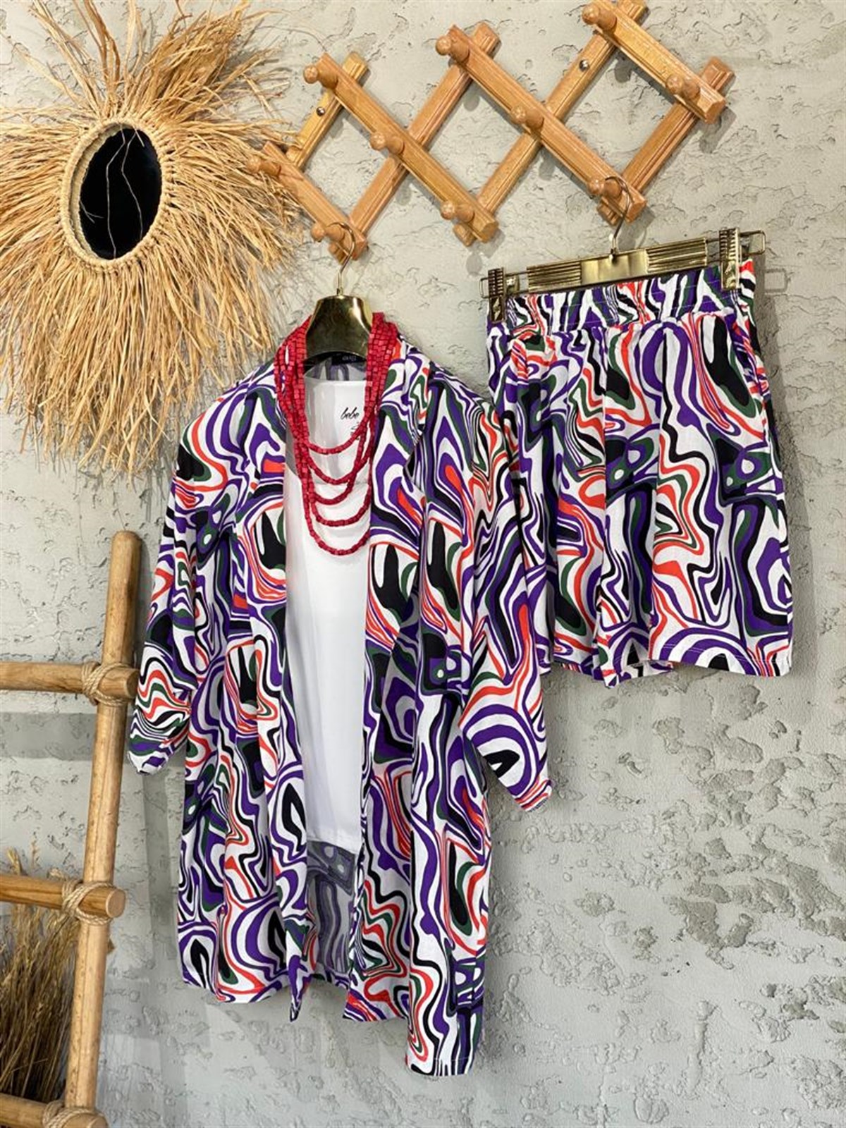Çizgi Desenli Kimono Şort Takım