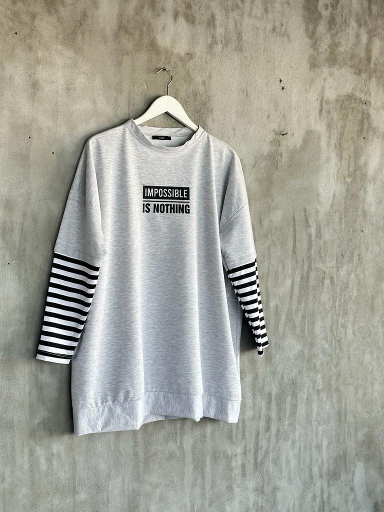 Çizgi Kollu Oversize Tunik (Gri)