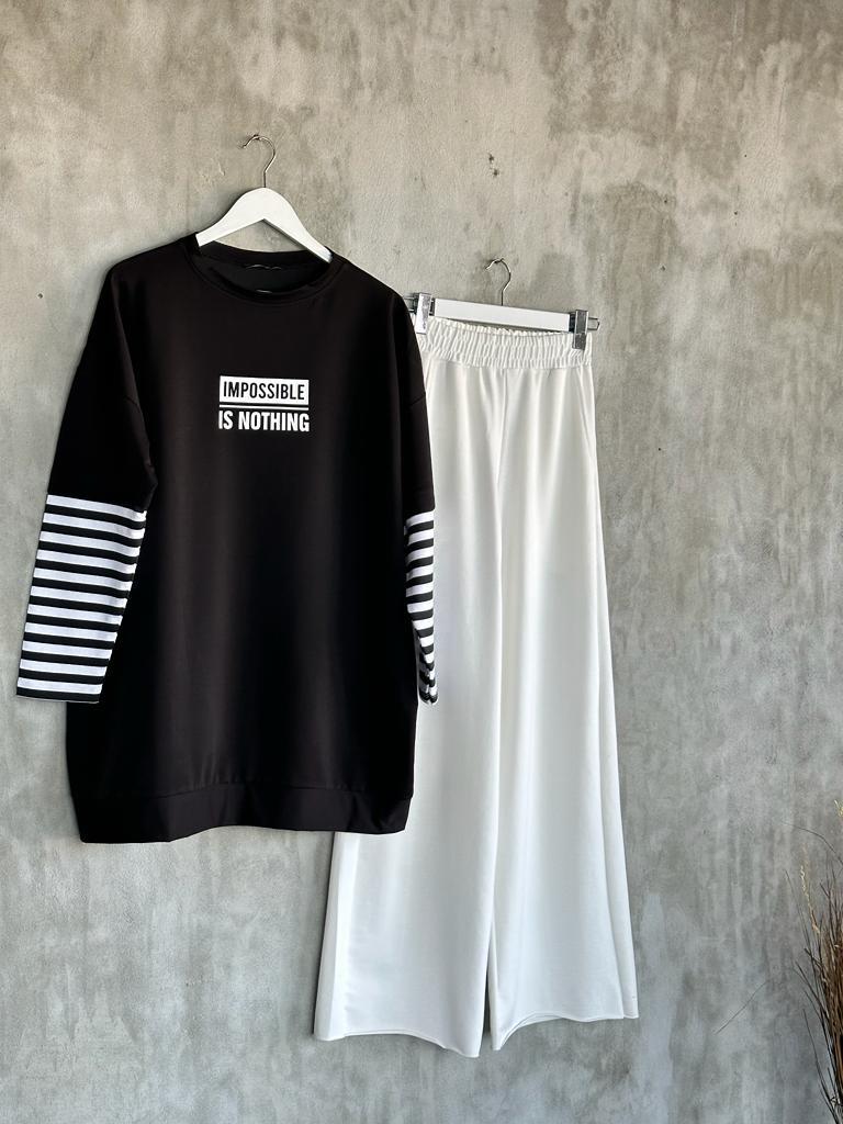 Çizgi Kollu Oversize Tunik (Siyah)