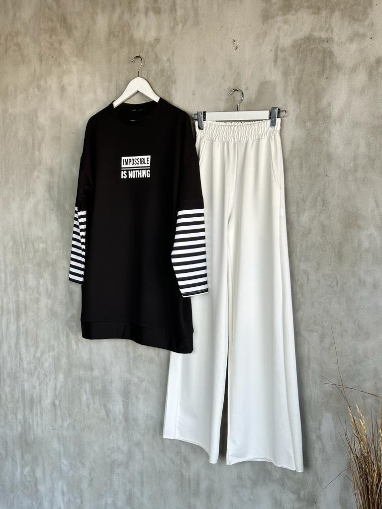 Çizgi Kollu Oversize Tunik (Siyah)