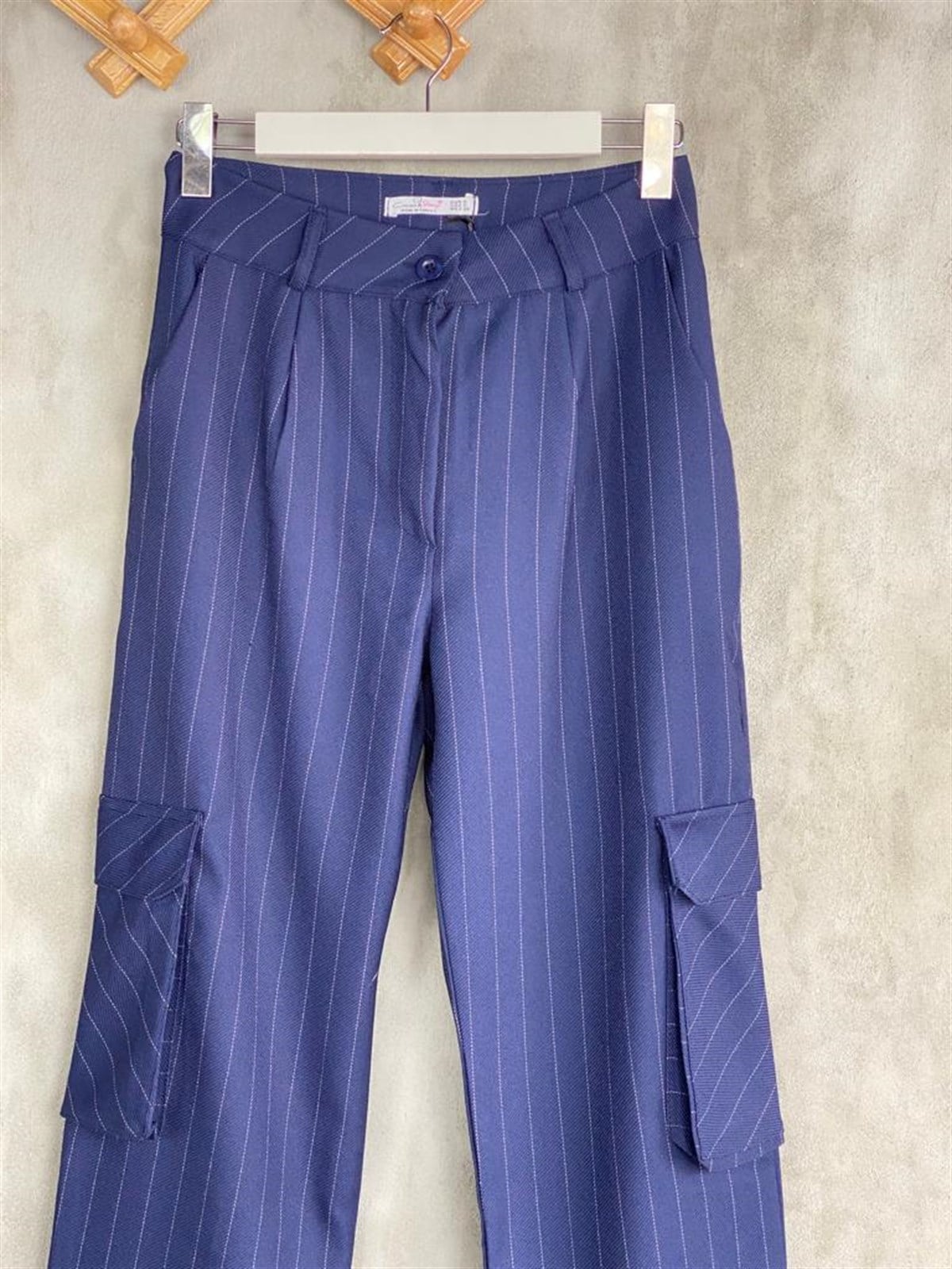 Çizgili Kargo Cep Kumaş Pantolon (Lacivert)