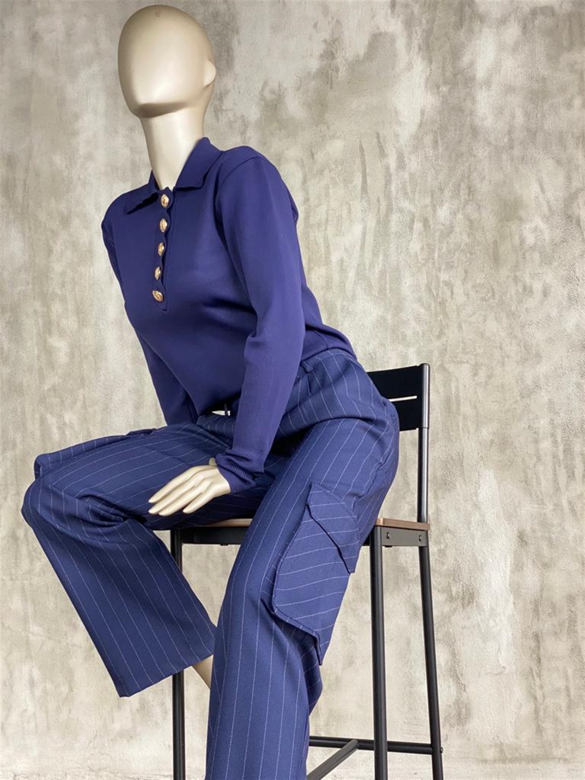 Çizgili Kargo Cep Kumaş Pantolon (Lacivert)