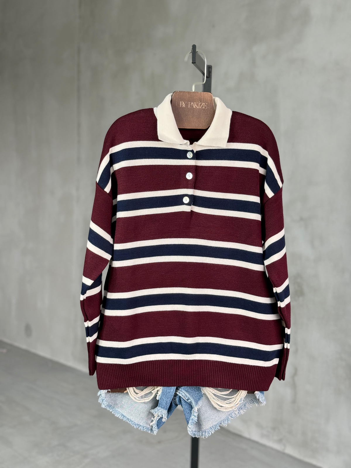 Çizgili Polo Yaka Çelik Örgü Kazak (Bordo)