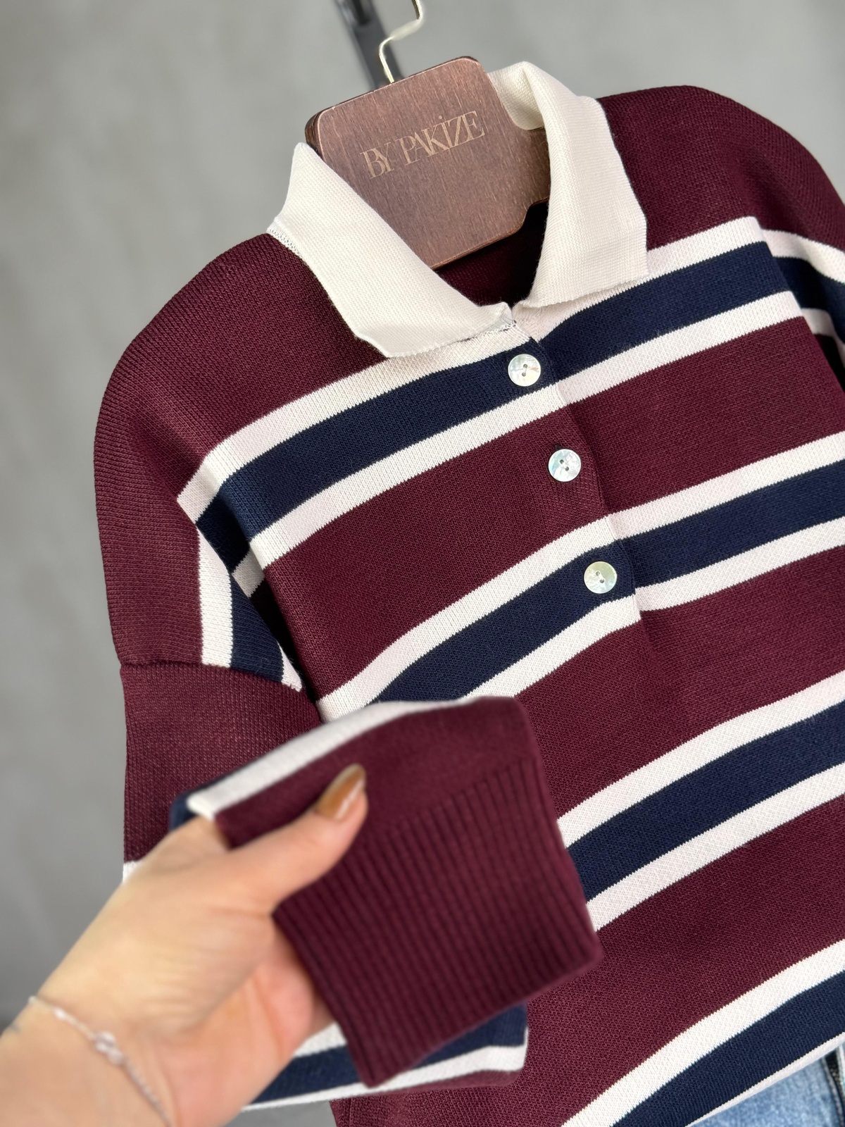 Çizgili Polo Yaka Çelik Örgü Kazak (Bordo)