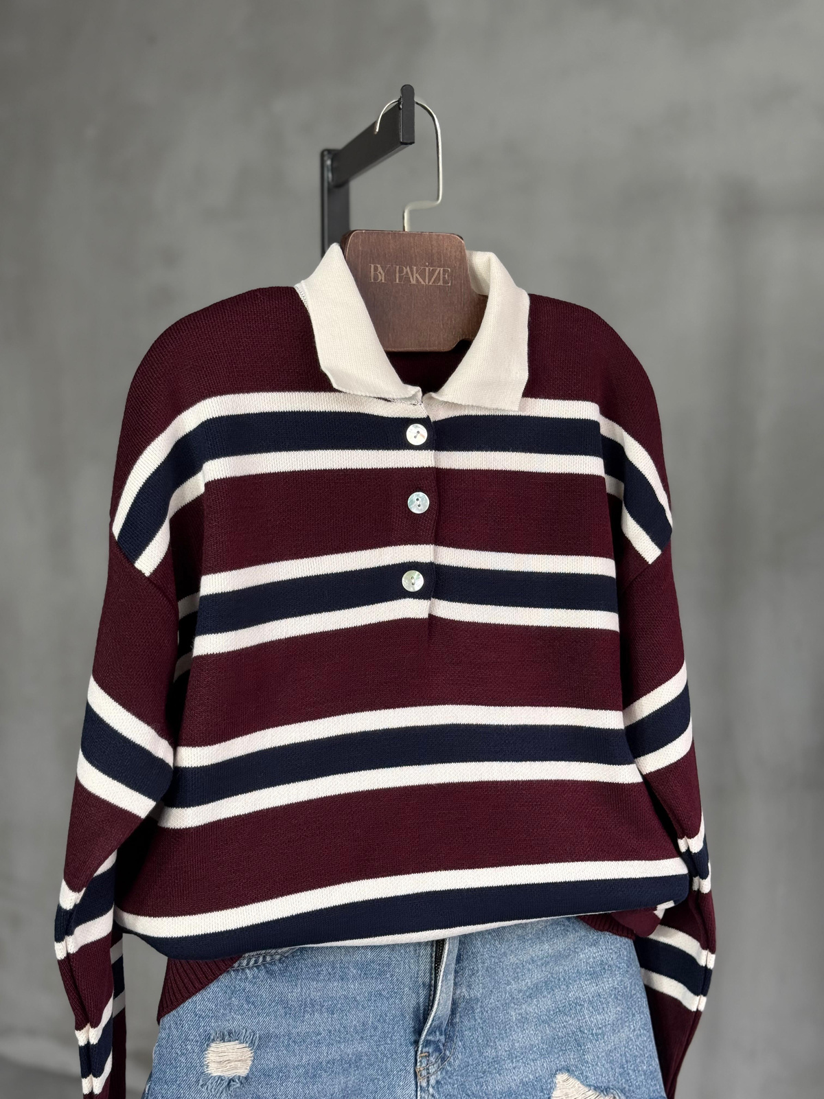 Çizgili Polo Yaka Çelik Örgü Kazak (Bordo)
