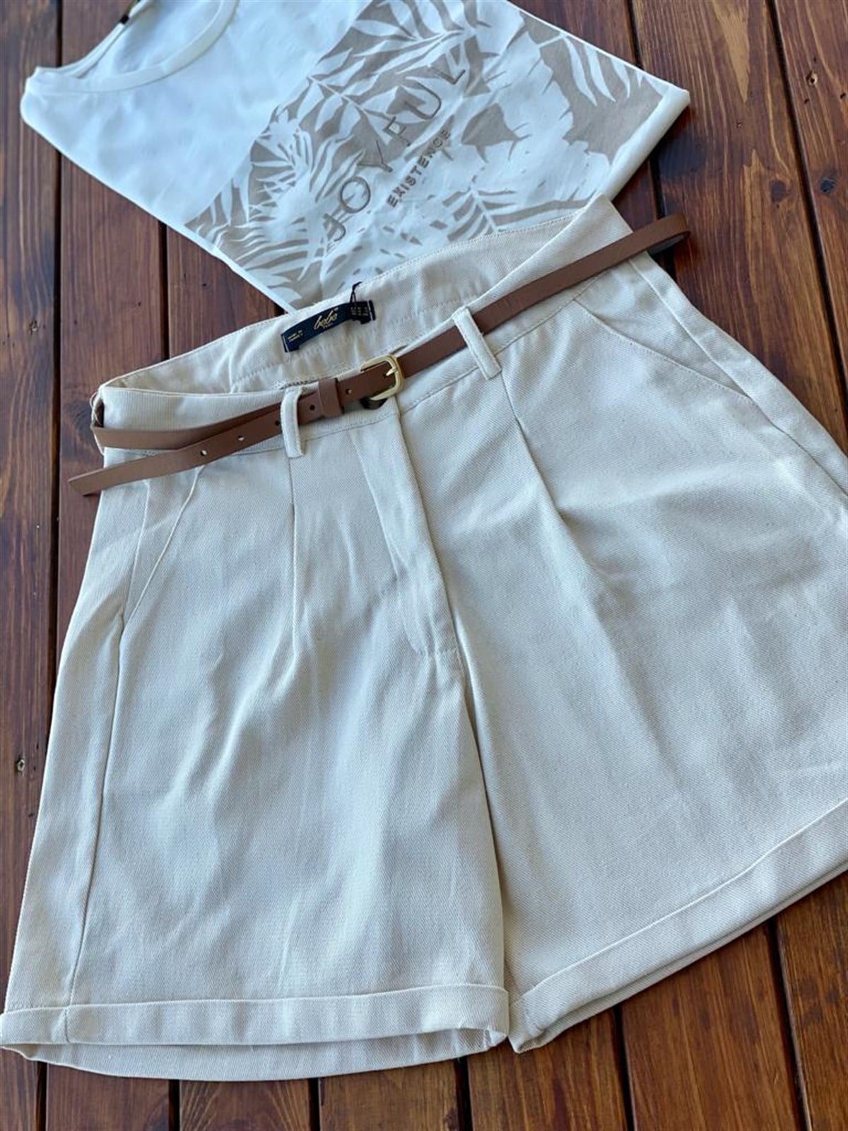 Coton Kumaş Şort (Bej)
