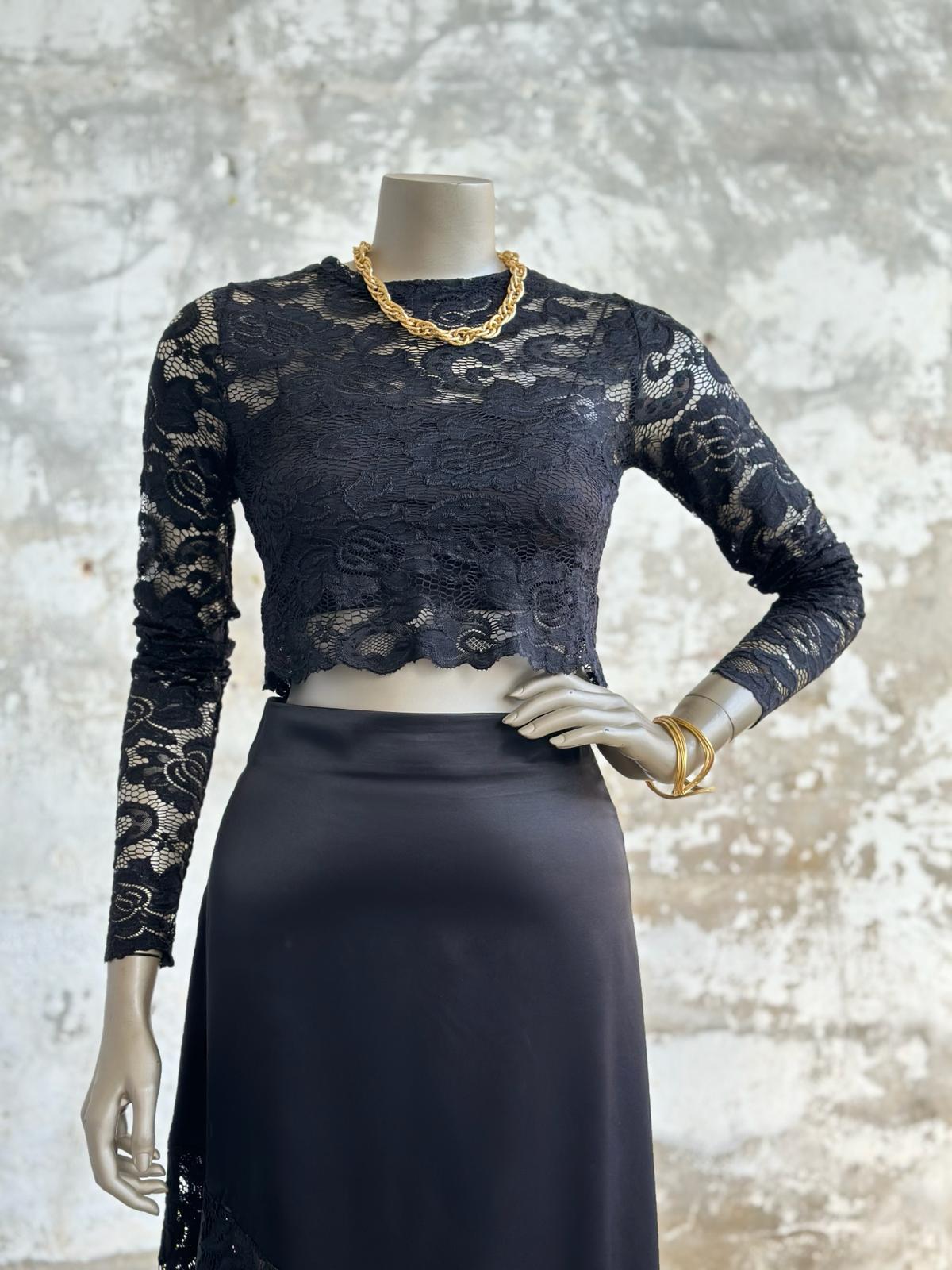Dantel Crop Bluz (Siyah)
