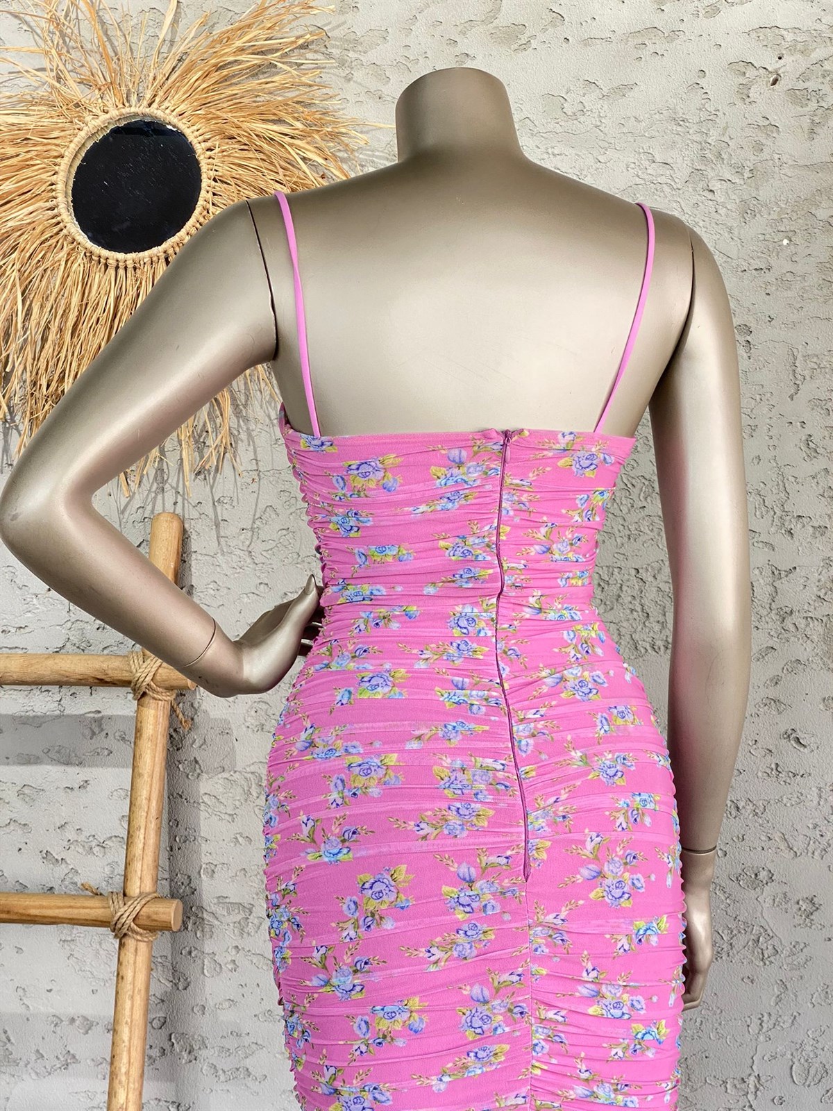 Degajeli Mini Büzgülü Elbise (Pembe)
