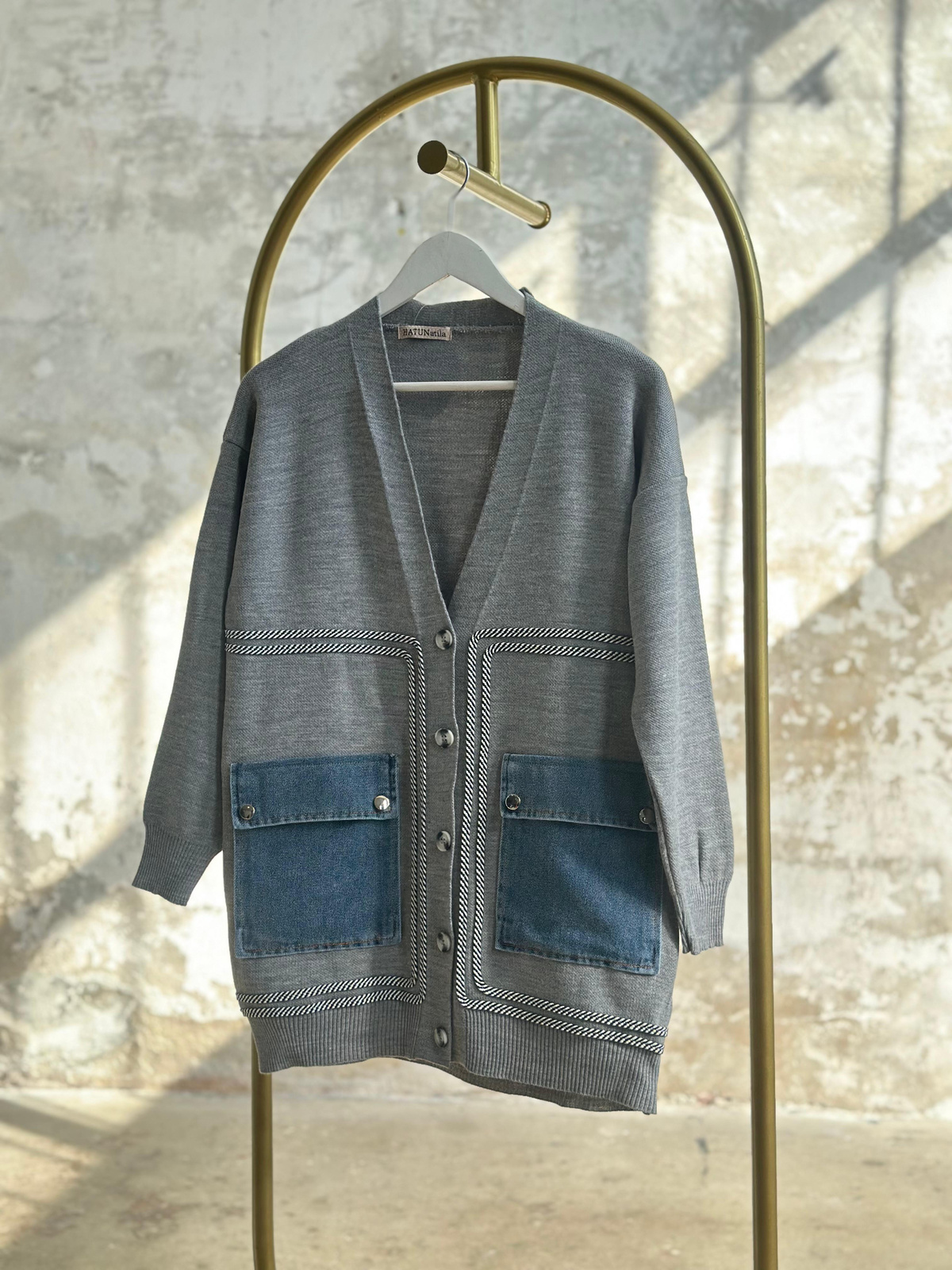 Denim Cep Detaylı Hırka (Gri)