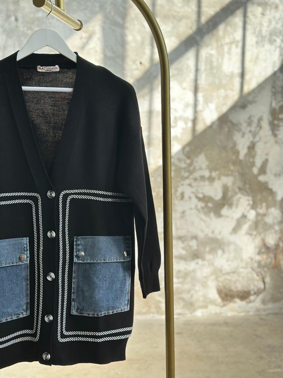 Denim Cep Detaylı Hırka (Siyah)
