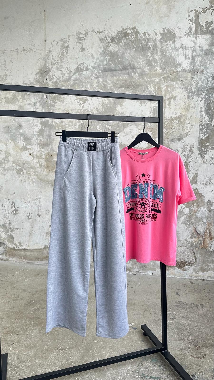 Denim Detaylı Pul Payet İşlemeli Tişört (Pembe)