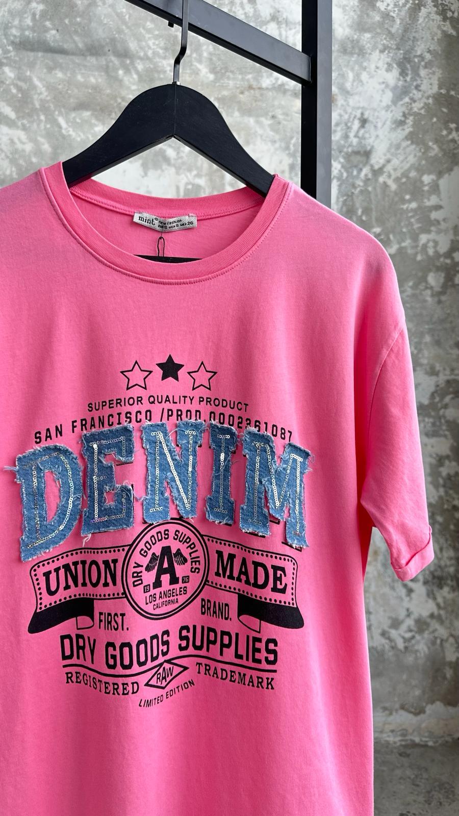 Denim Detaylı Pul Payet İşlemeli Tişört (Pembe)