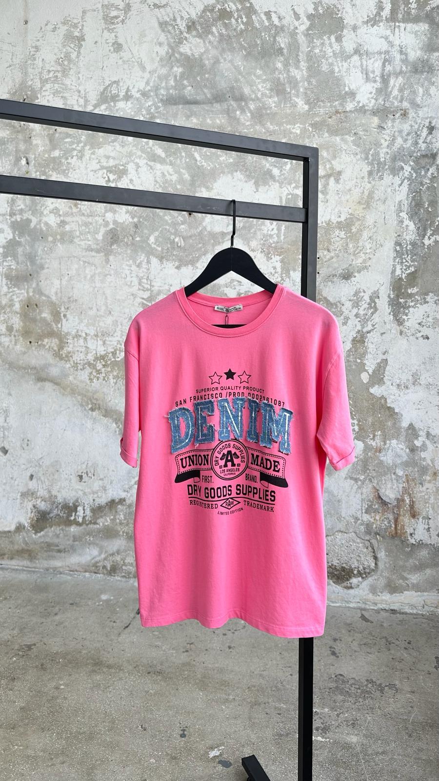 Denim Detaylı Pul Payet İşlemeli Tişört (Pembe)