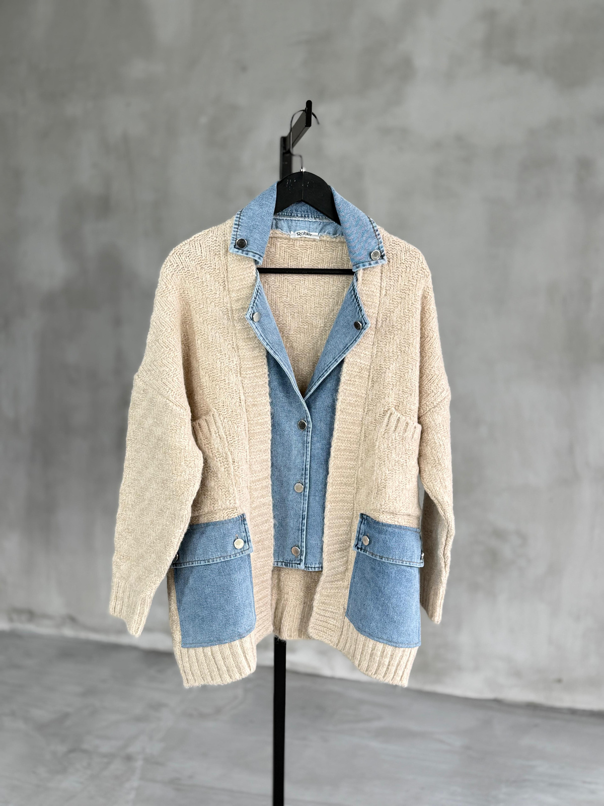 Denim Detaylı Yün Ceket (Ekru)