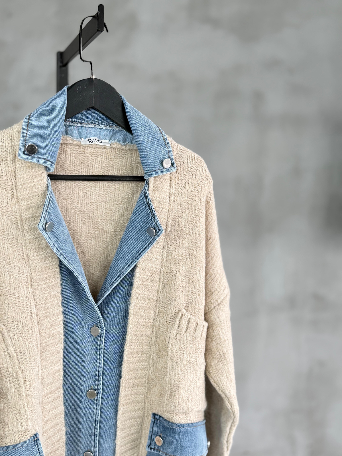 Denim Detaylı Yün Ceket (Ekru)