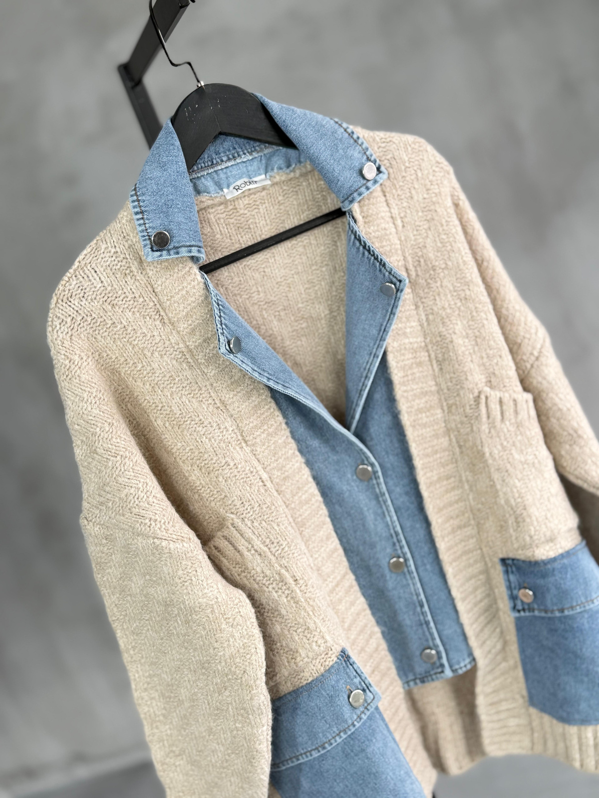 Denim Detaylı Yün Ceket (Ekru)