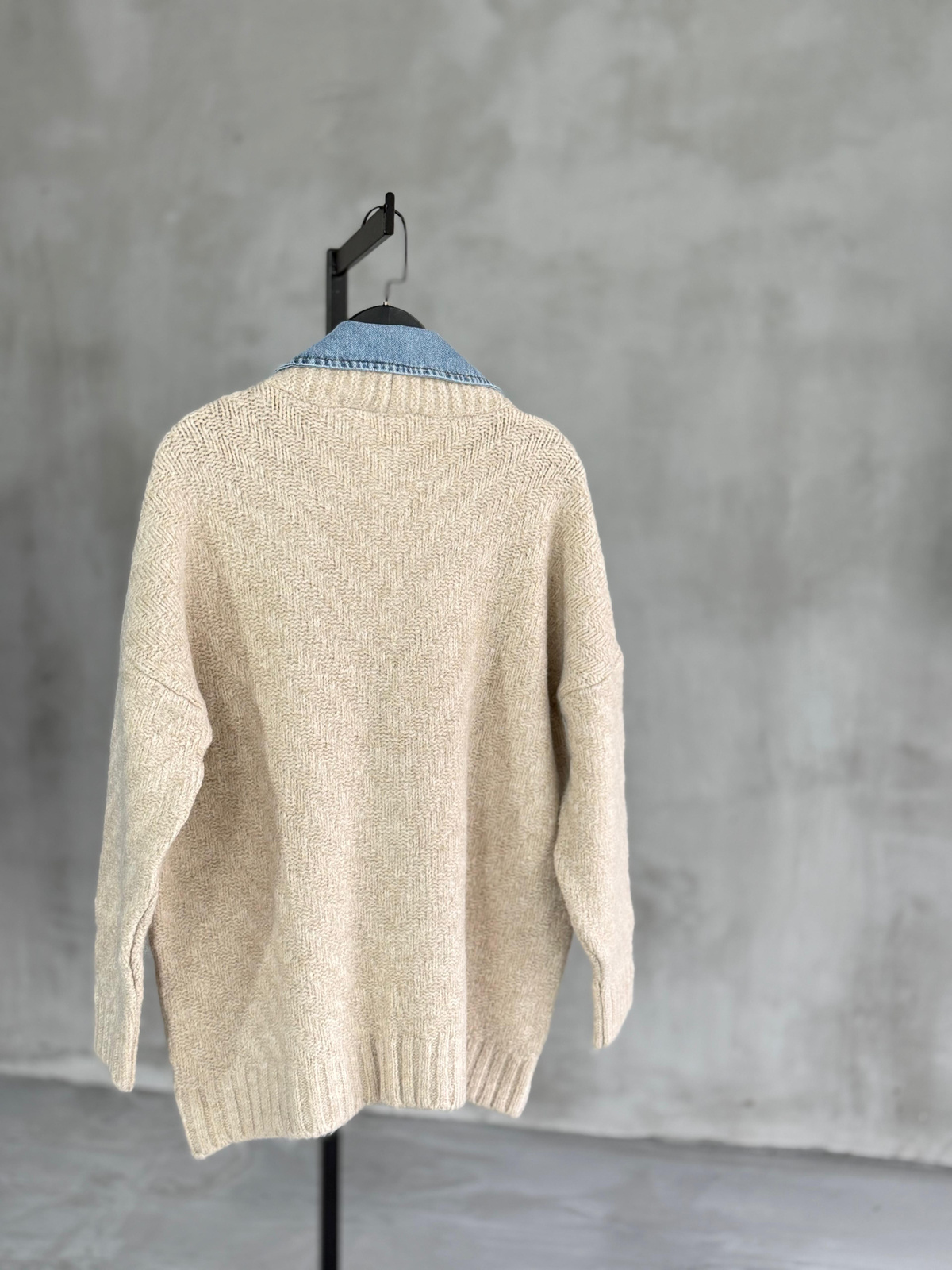 Denim Detaylı Yün Ceket (Ekru)